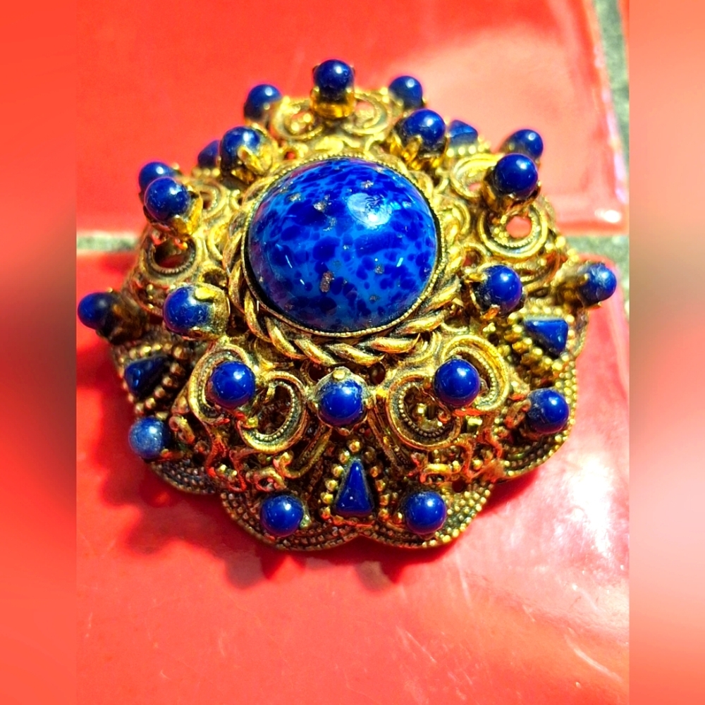 Vintage Lapis Lazuli Blue Stone Cabachon Brooch West Germany Gold Tone Filigree